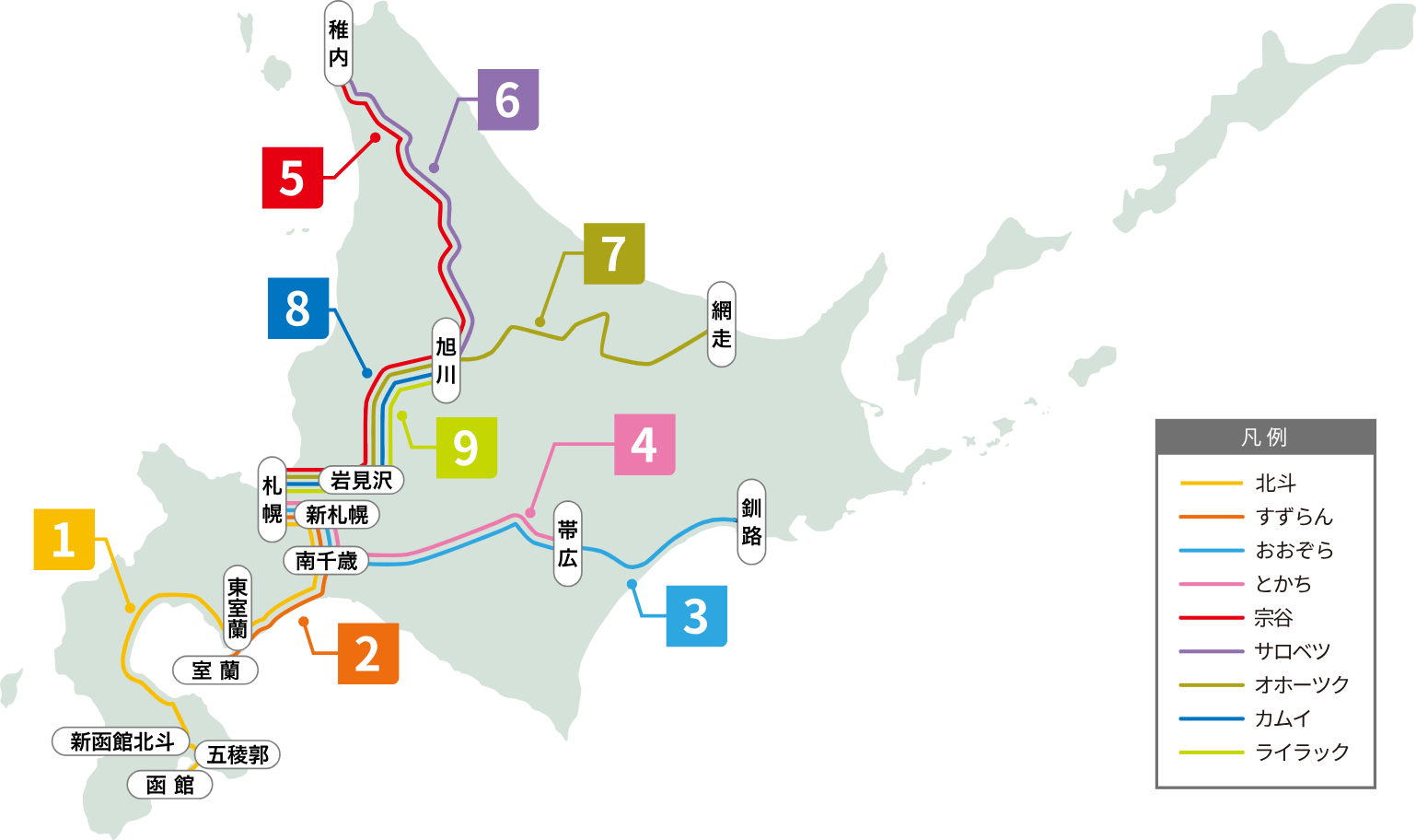 全車指定席の特急列車路線図