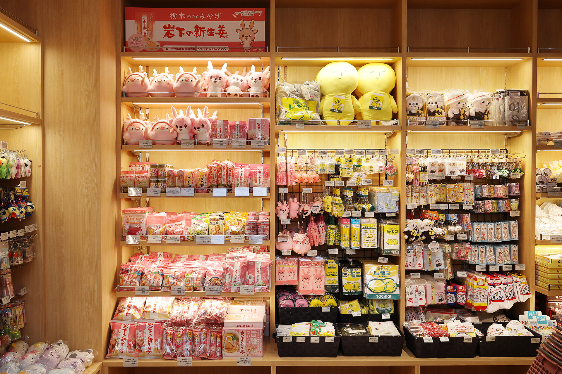 左から「岩下の新生姜」「関東・栃木レモン」関連グッズ、さのまるグッズコーナー