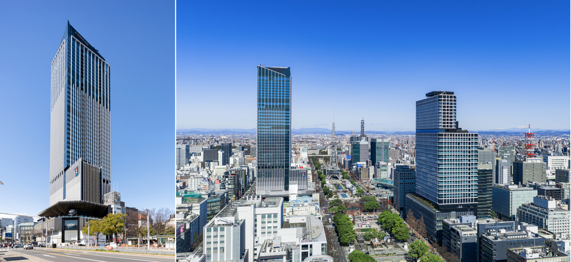 「ザ・ランドマーク名古屋栄」北西側の外観、久屋大通南側から見た外観（写真左のビル）