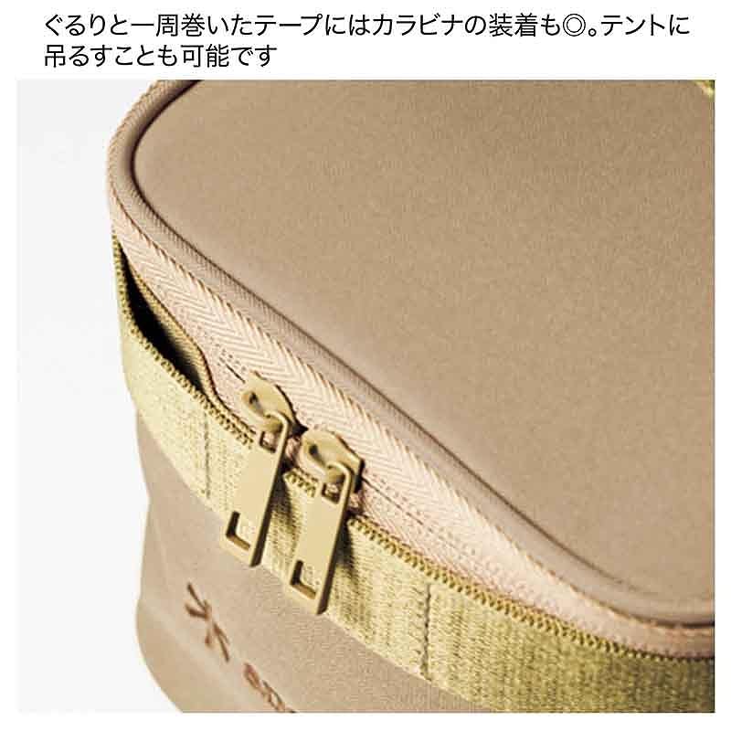 インナーには「スノーピーク」のオリジナル柄をプリント。ボディにはぐるりと一周、テープを巻いており、カラビナなどを装着して機能アレンジもできる