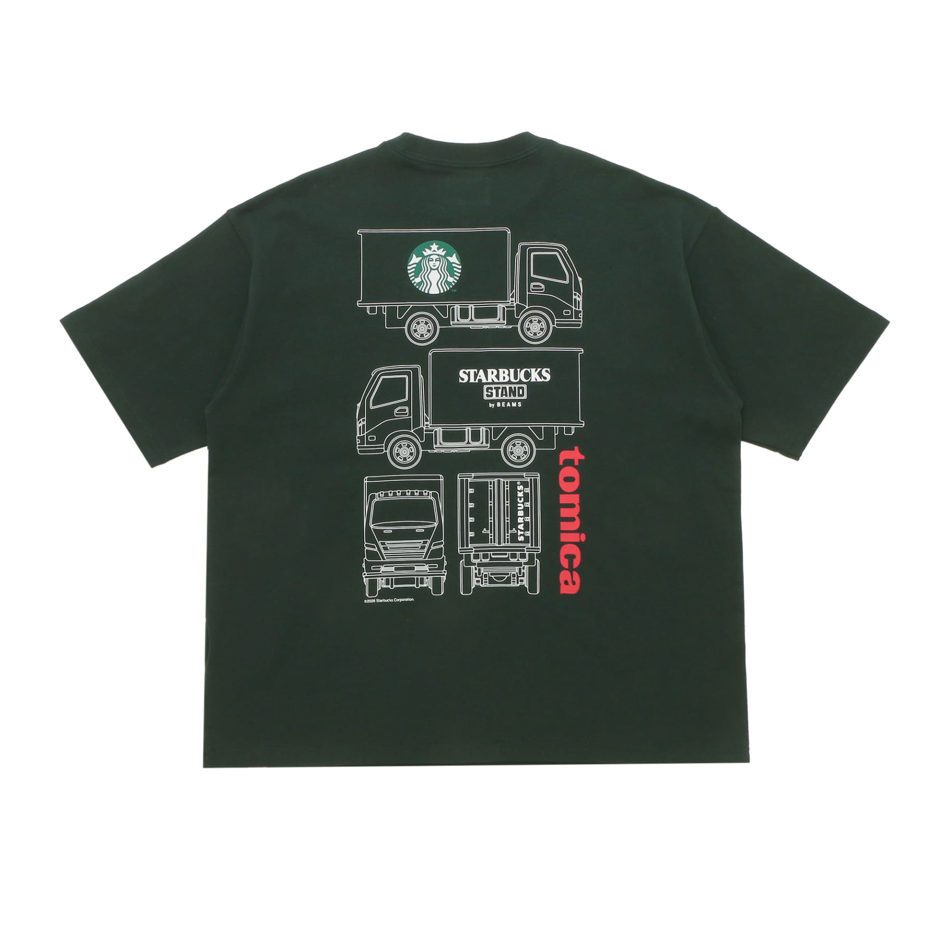 STARBUCKS STAND by BEAMS トミカ トラックプリントTシャツ A（グリーン）