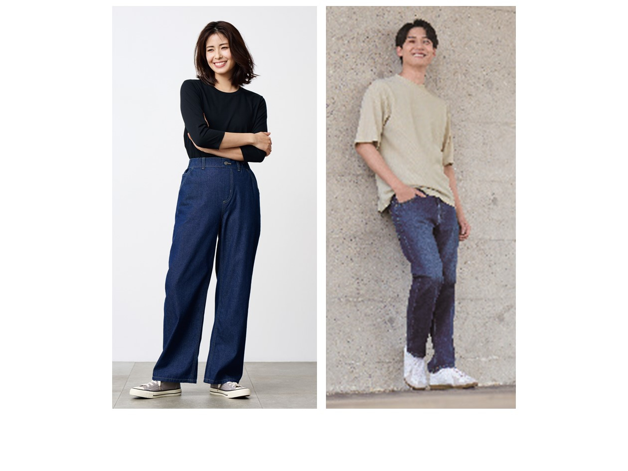 TVCの「コットン100％ライトオンスデニムワイドパンツ」400円引きで2838円、「レギュラーフィットストレッチジーンズ」200円引きで3058円