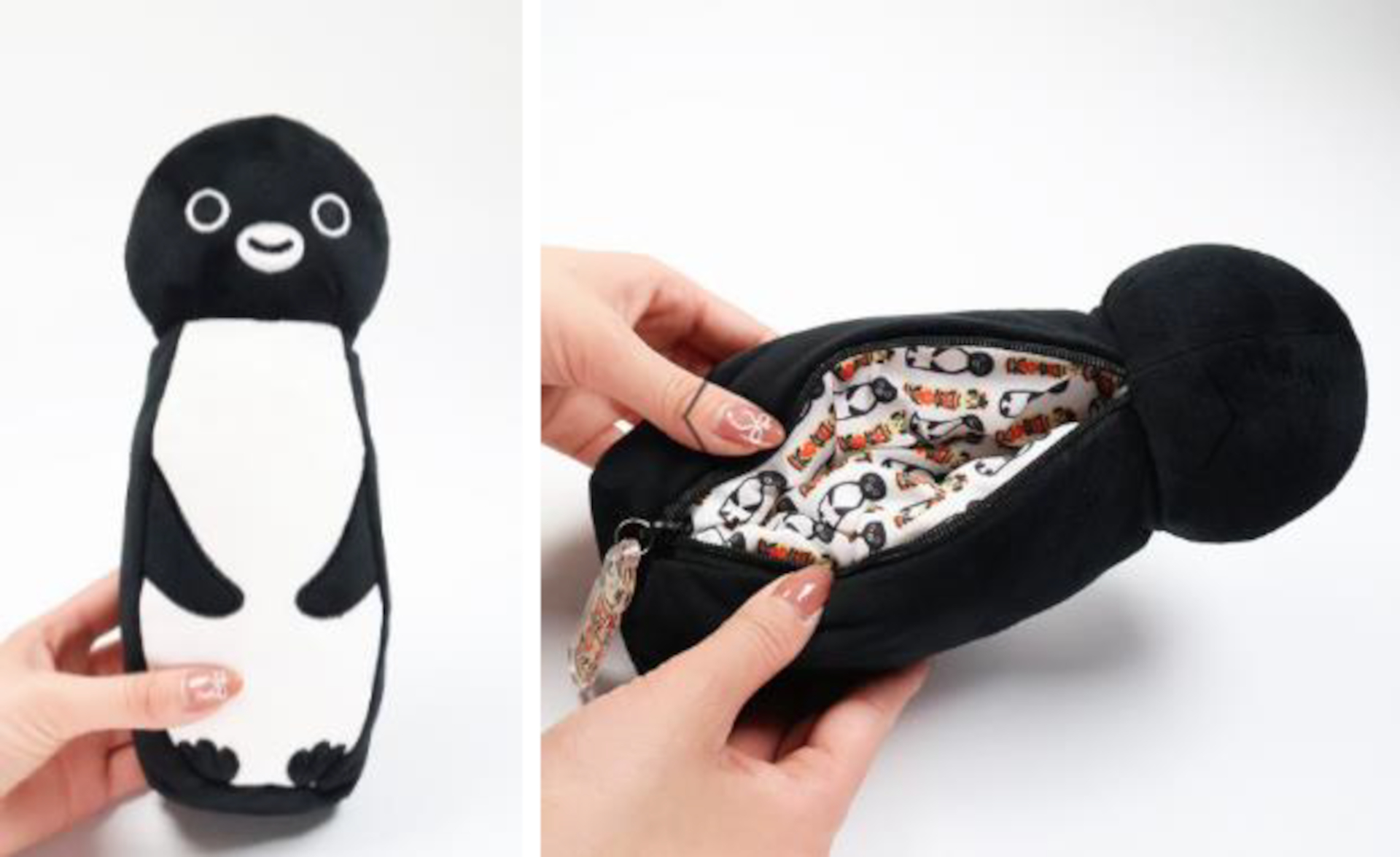 「Suicaのペンギン こけしぬいぐるみペンケース（宮城）」。こけしのように立てて使用することも可能。こけし型のチャーム付きで、内装も遊び心あるデザイン。サイズは23×8.5×7cm