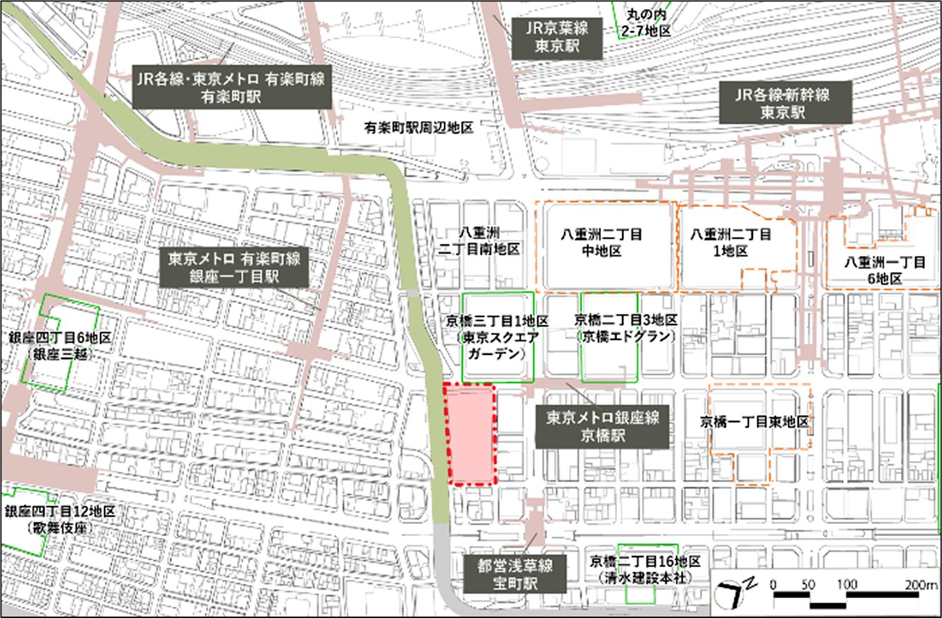 複合施設の位置図。東京スクエアガーデンの南東側にオープンする