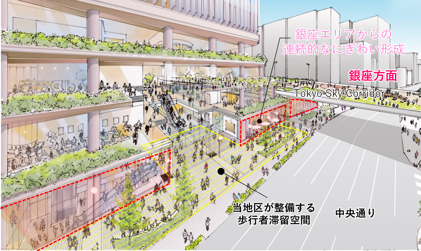 中央通りに面する歩行者空間のイメージ