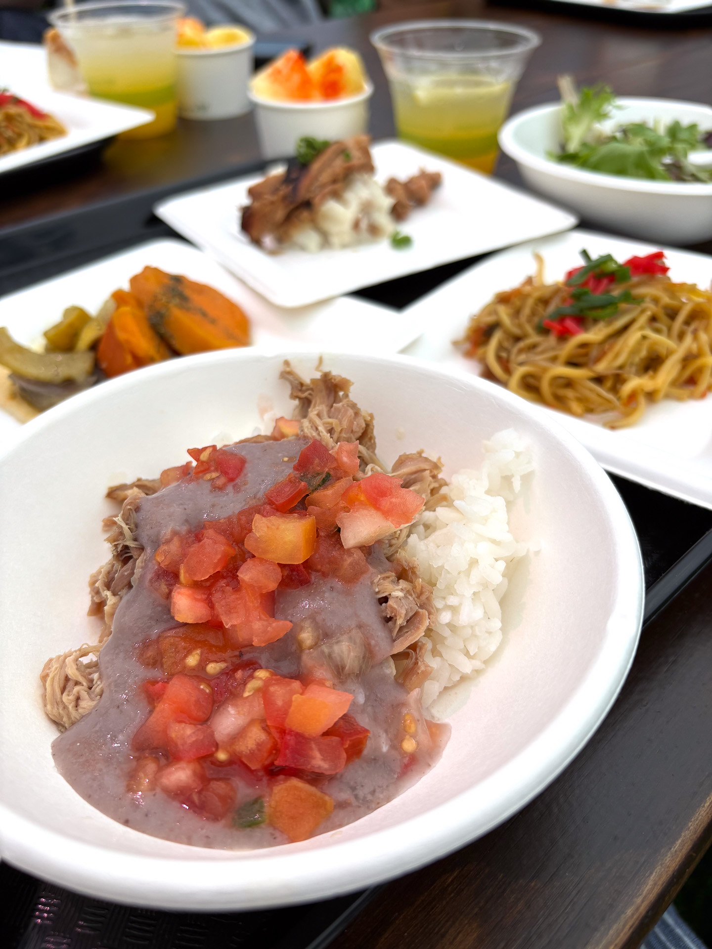 ご飯にカルアポーク、ポイ、ロミサーモンを乗せた丼。ハワイアン料理をすべて一皿にした、ありそうでなかった斬新な一品