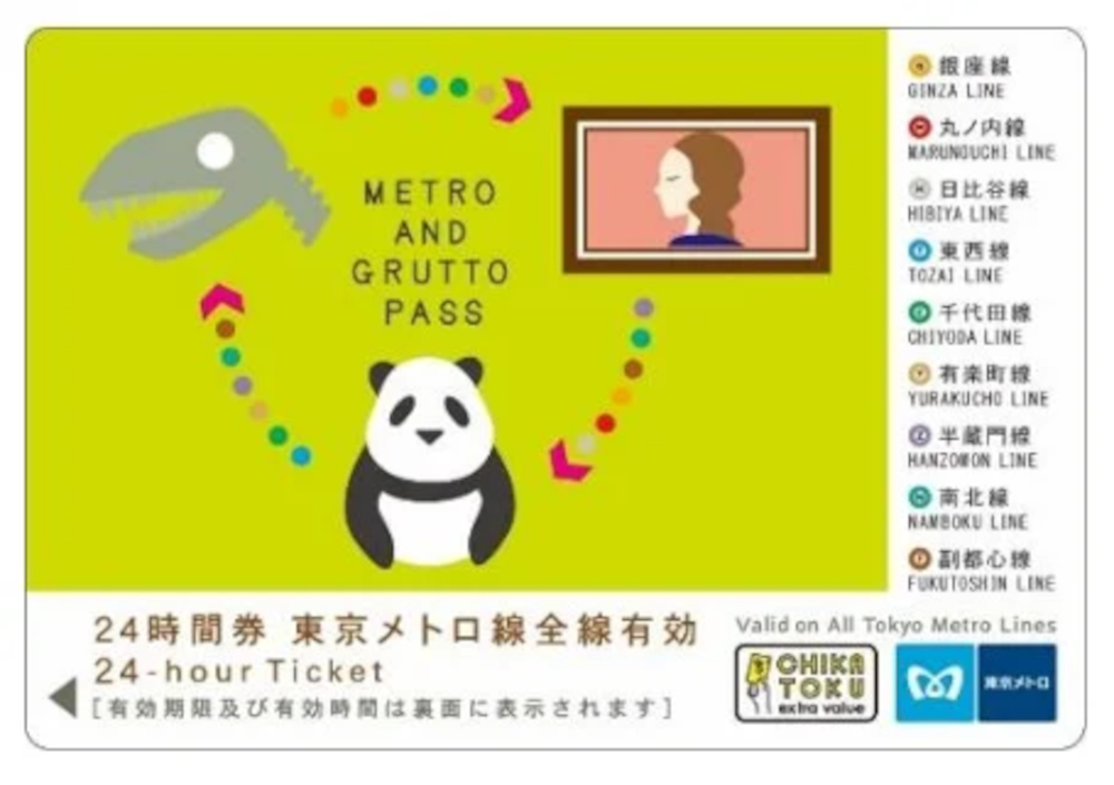 「東京メトロ24時間券」券面イメージ。恐竜の化石やパンダがかわいい2026年度版「メトロ＆ぐるっとパス」の限定デザイン