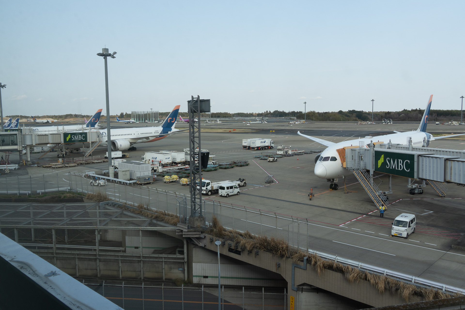 成田空港第1ターミナルのスポットにエアージャパンの3機が並んだ（手前が17時5分発のシンガポール行きNQ3便、中央は仁川から戻ってきたNQ112便、最奥が17時35分発のバンコク行きNQ1便