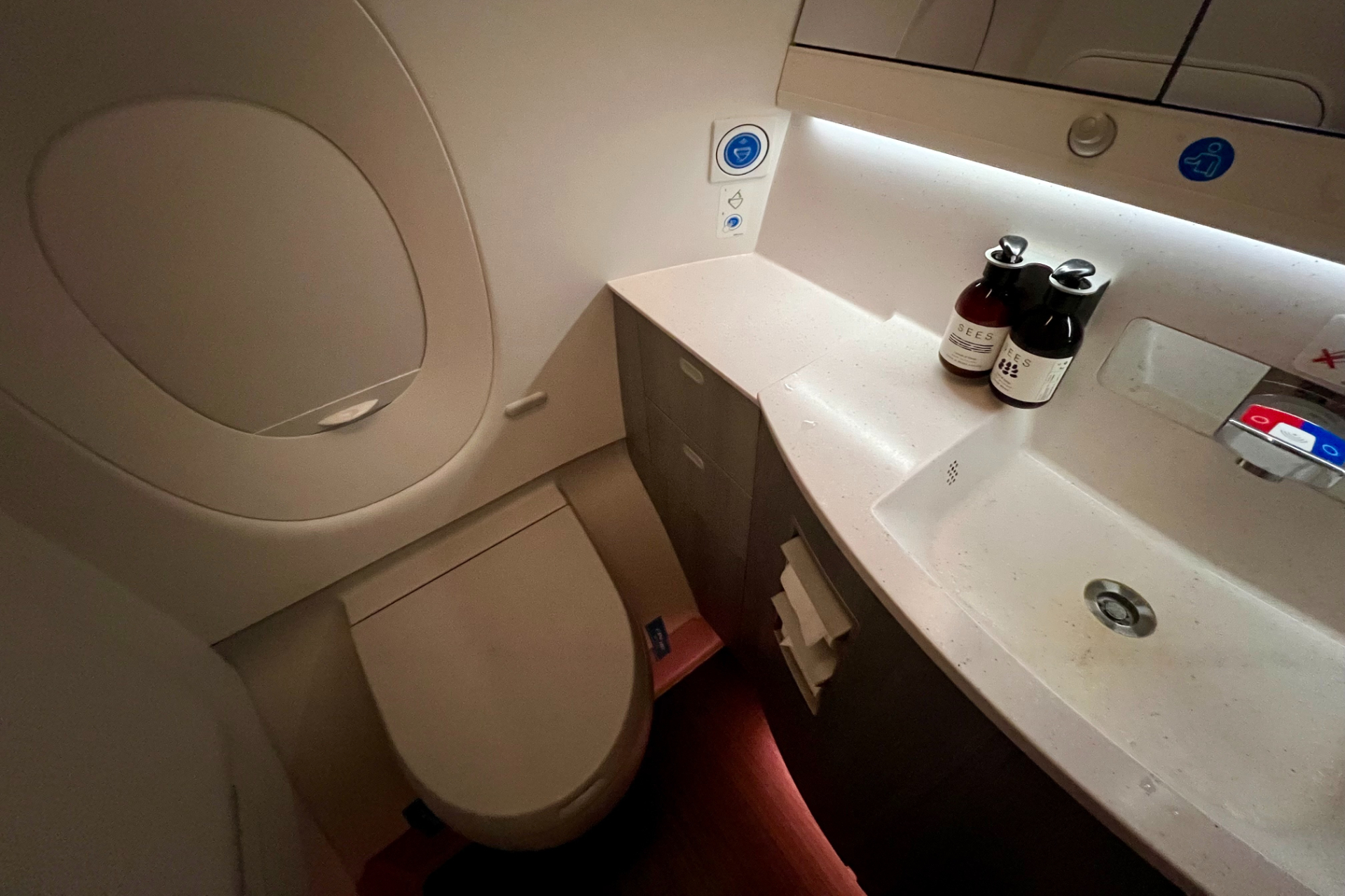 機内前方にあるビジネスクラス用の化粧室（長距離便）にはハンド＆ボディローションを用意