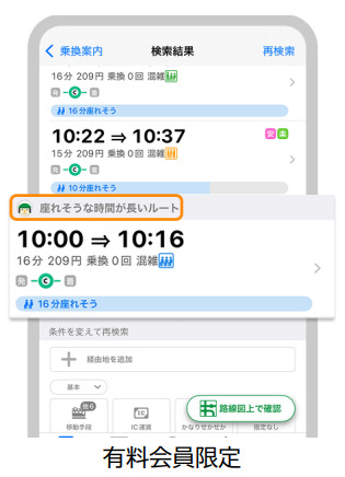 乗り換えることでより長く座れるルートを追加で提案して表示する機能