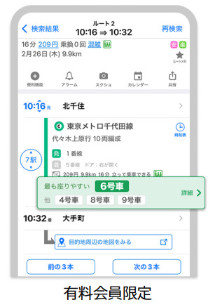 選択したルートの詳細画面において、最も座りやすい号車を案内する機能