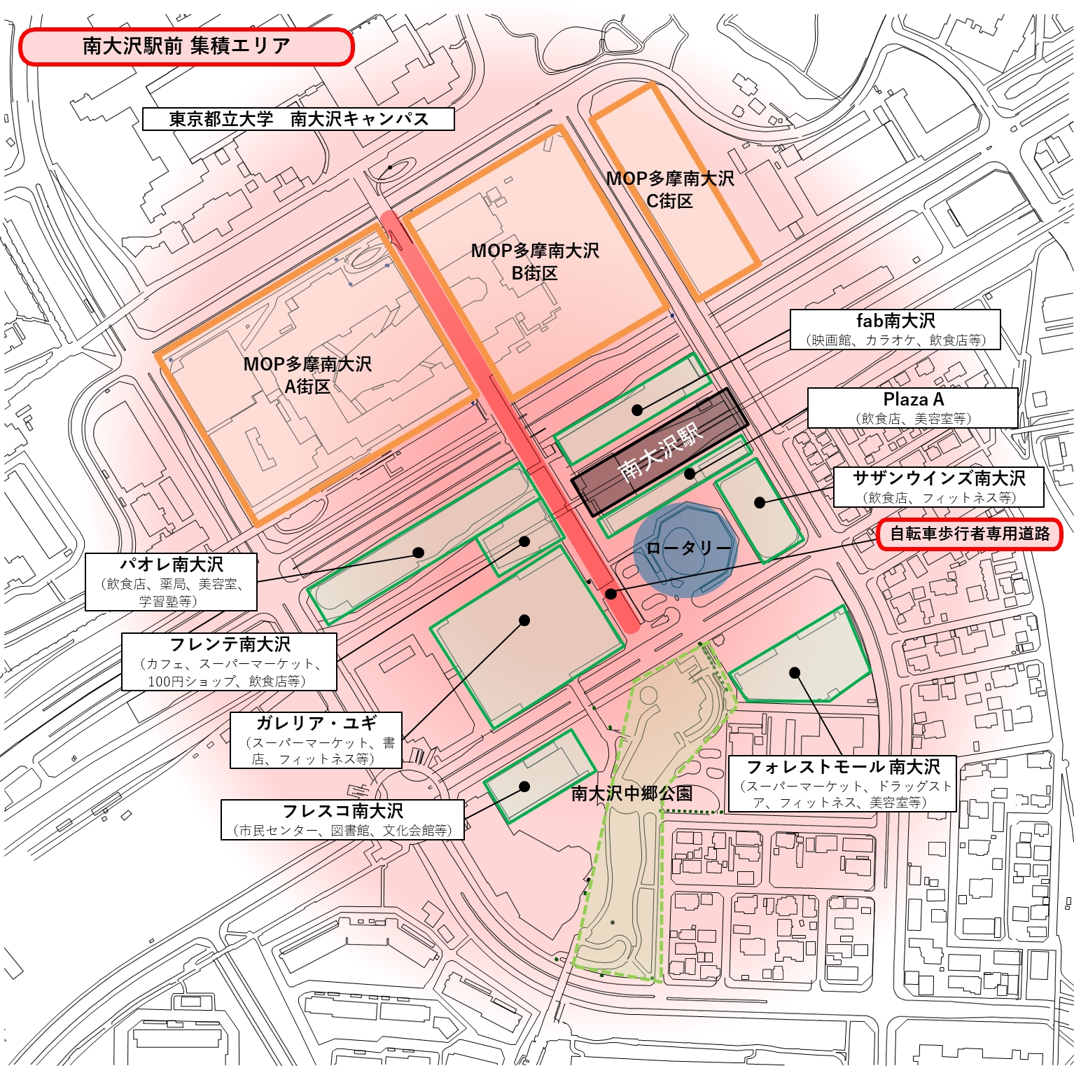 「三井アウトレットパーク 多摩南大沢」と周辺施設マップ。南大沢駅を中心にまちが広がる