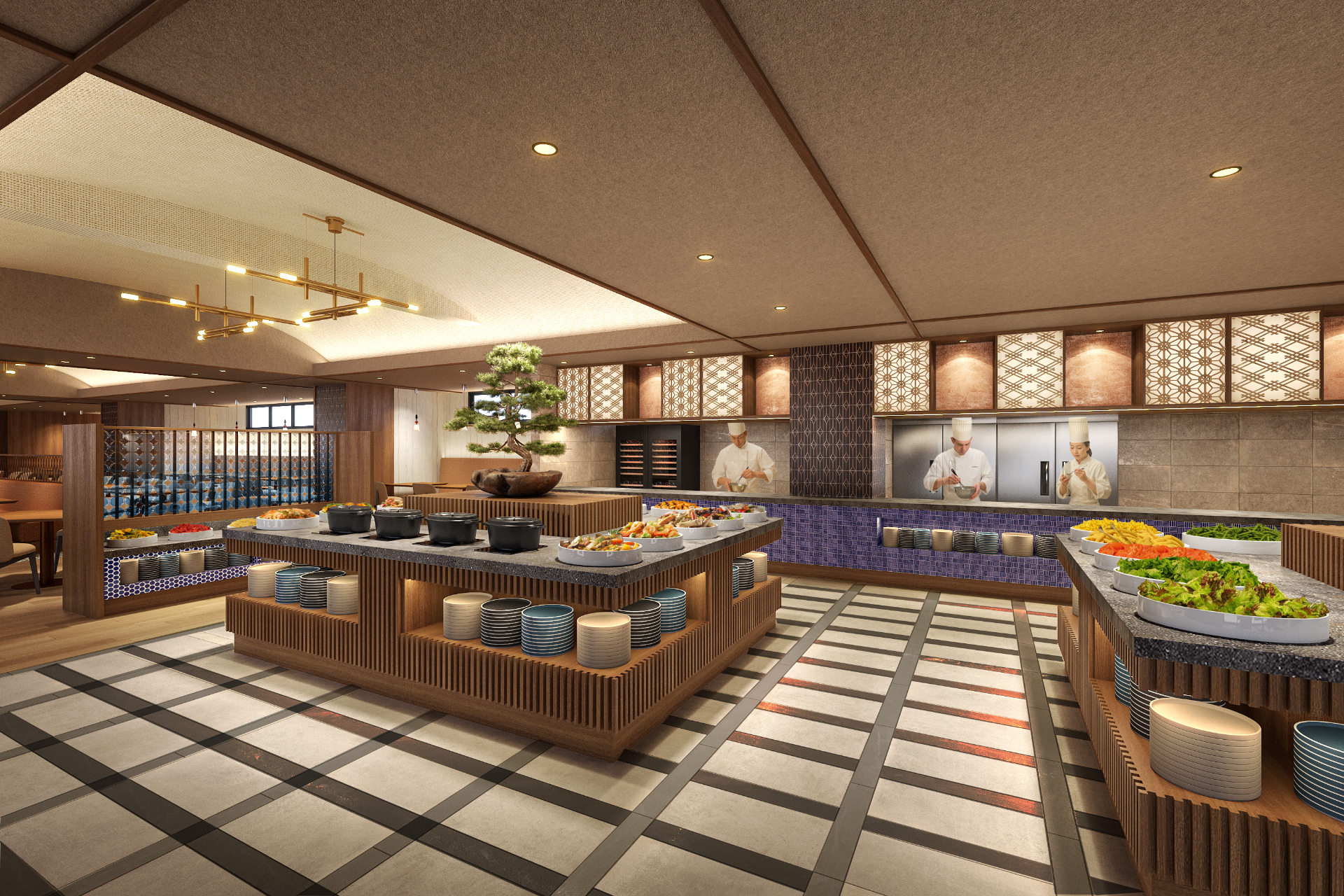 レストランでは地元食材を活かしたビュッフェを提供。和洋メニュー約80種