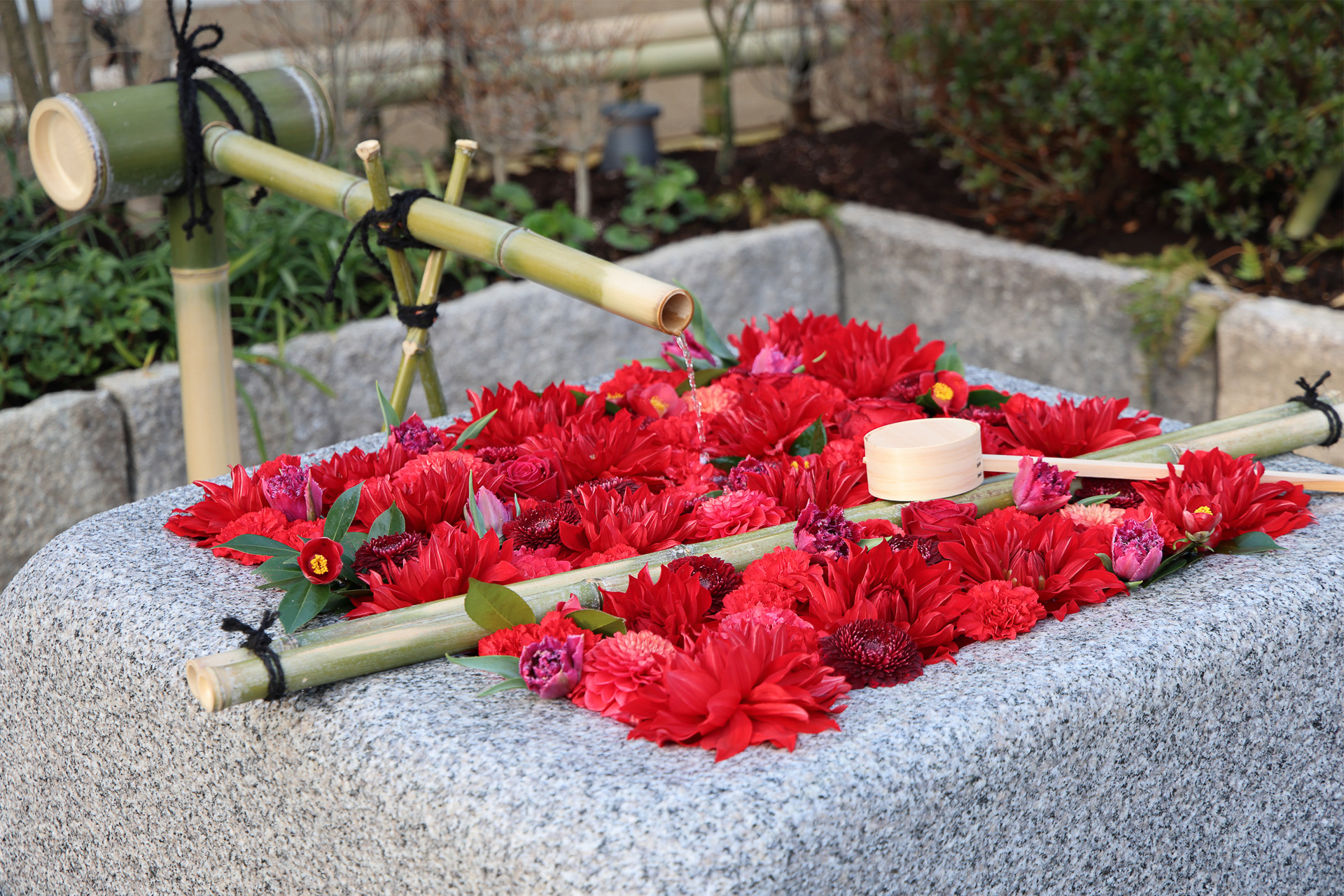 お武家通りで見かけた手水鉢のようなもの。鮮やかな赤がとても美しい