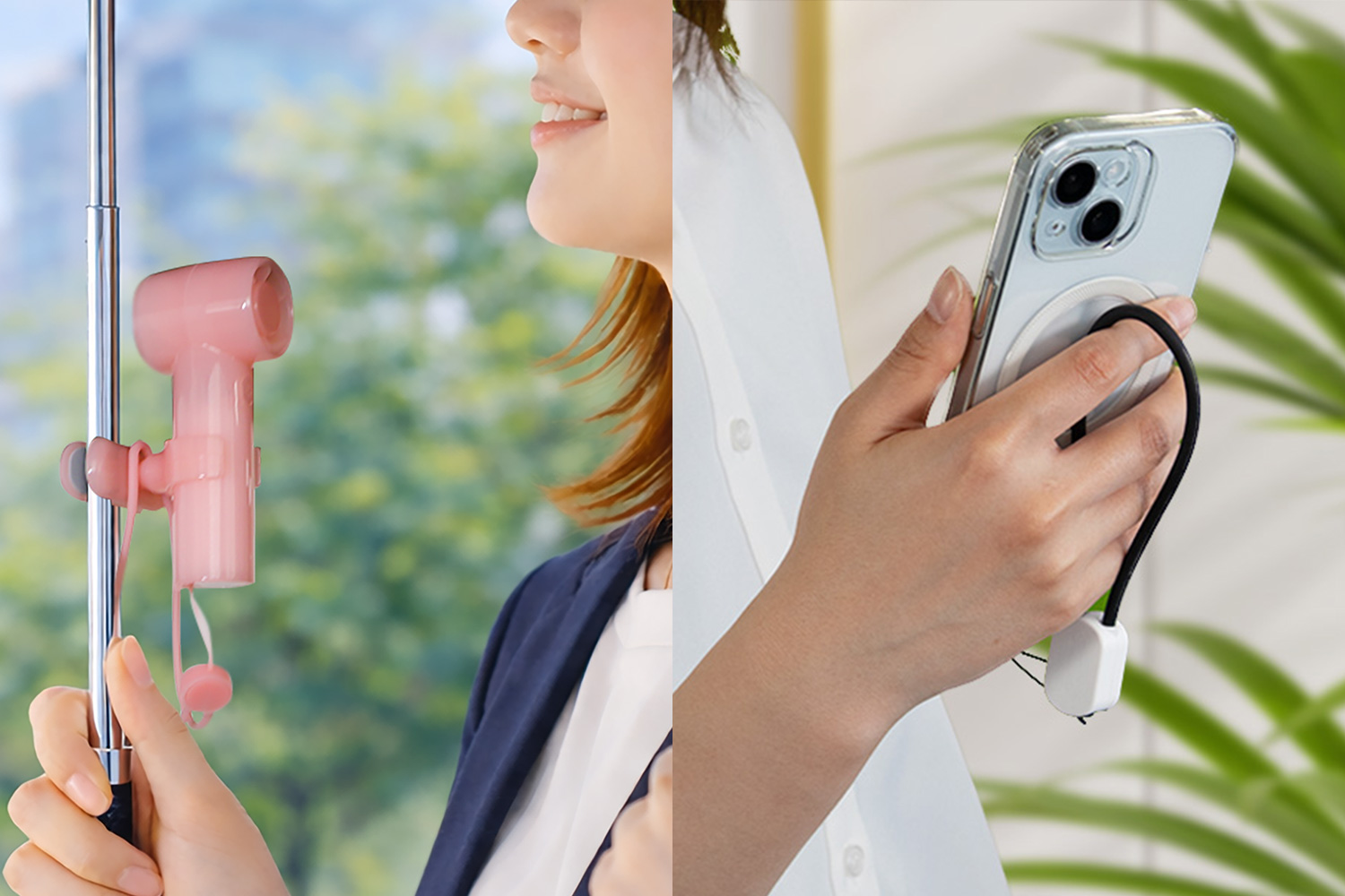 日傘に取り付けて使えるジェットハンディファンと、充電ケーブル機能付きストラップ発売