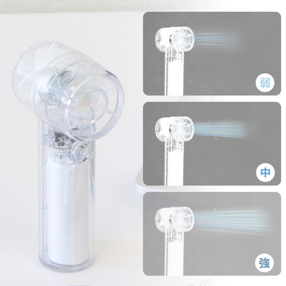 手のひらサイズながらパワフル送風のジェットハンディファン。風量は弱・中・強の3段階