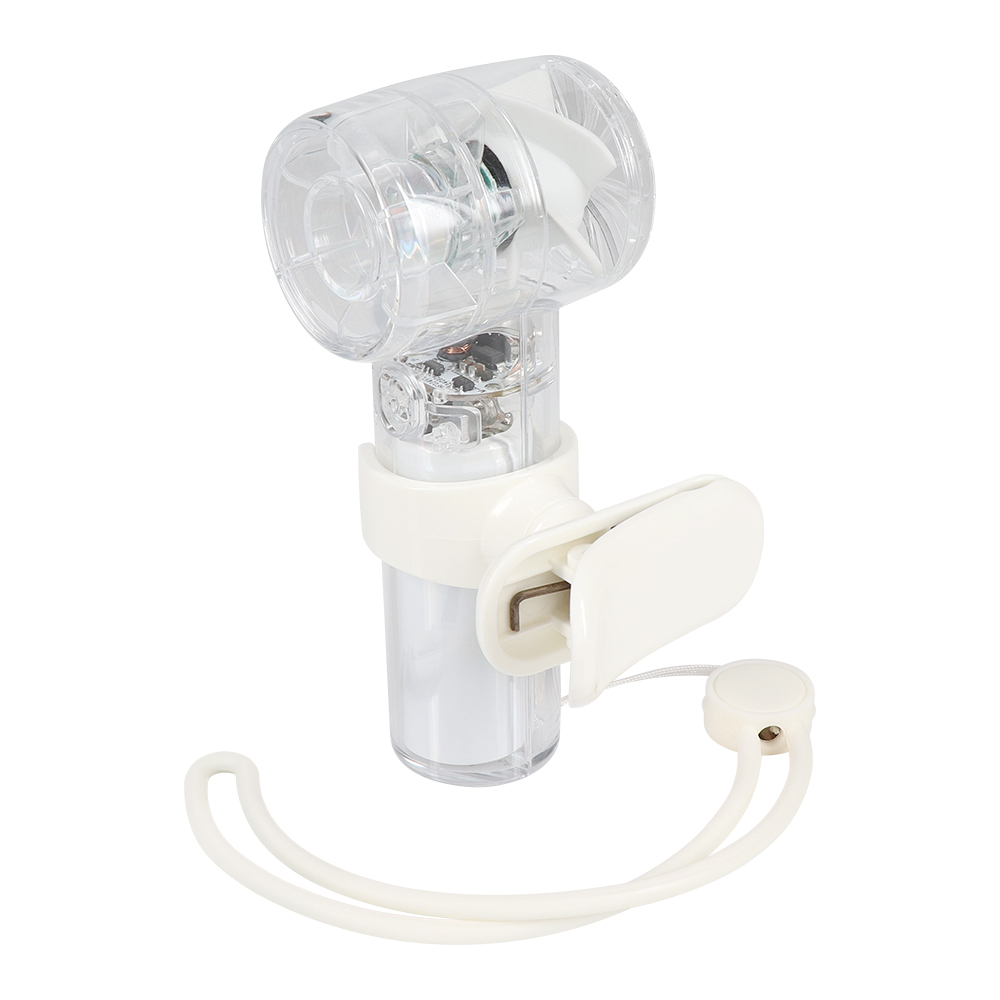 カラーは全5色（クリアブラック、クリア、ピンク、イエロー、ブルー）。傘クリップを取り外して普通のハンディファンとしても使える