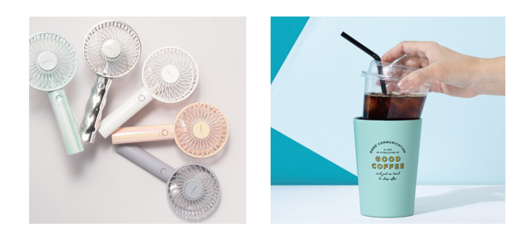 Francfranc BAZARの暑さ対策アイテム。「フレ ハンディファンシリーズ」（左、2420円～）と「ルースト サーモタンブラーM」（右、1210円）