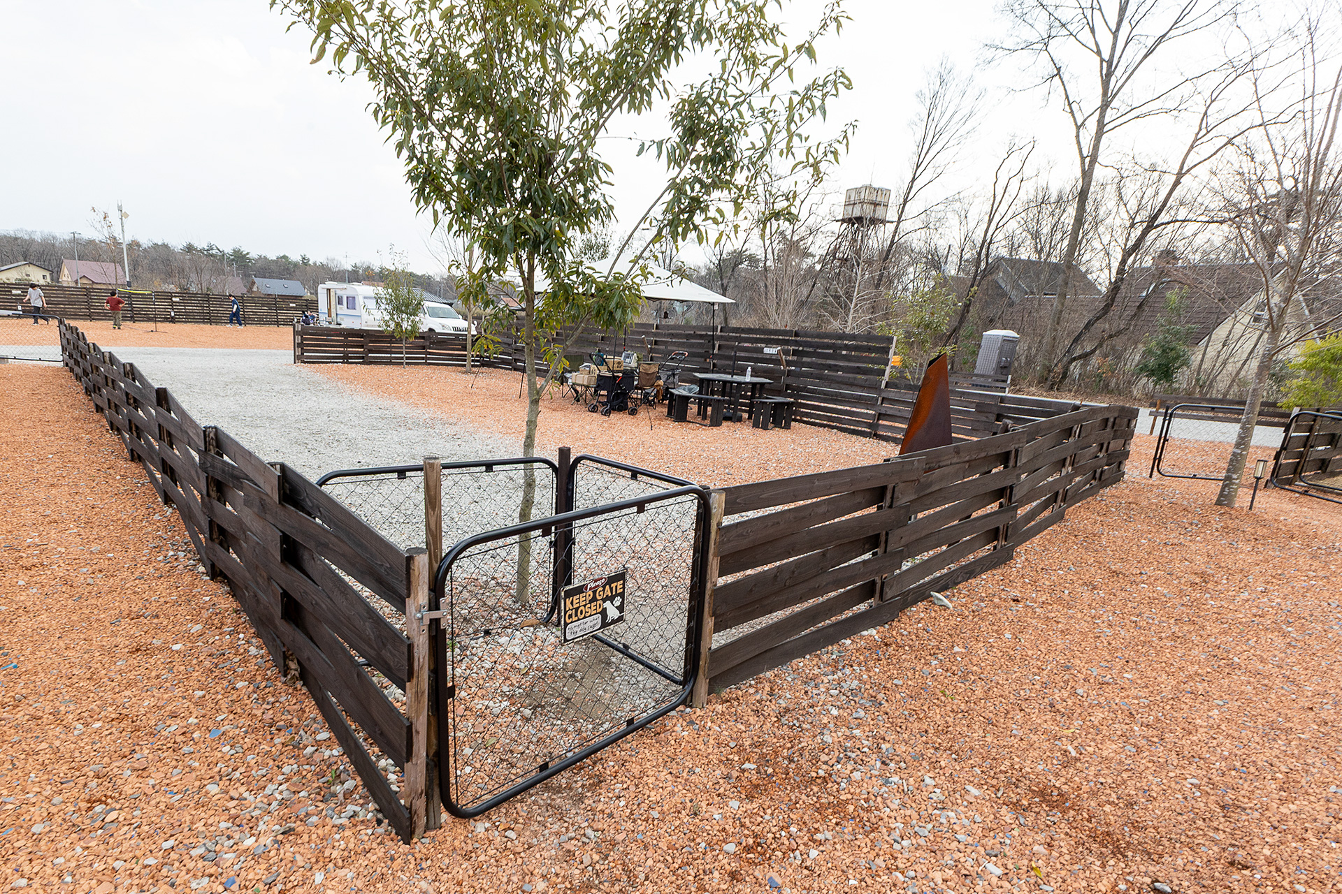 芝生側から見た広々サイト。出入り口は犬が飛び出さないように二重の扉になっている