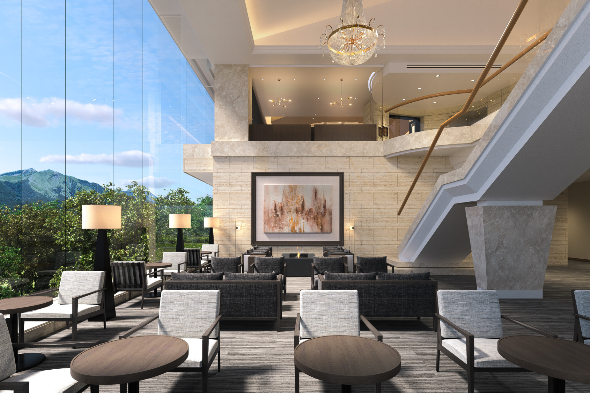 阿蘇五岳のパノラマを一望するラウンジ。季節のスイーツや地酒が味わえる「アフタヌーンティー」「ナイトアフタヌーンティー」も追加料金なしで