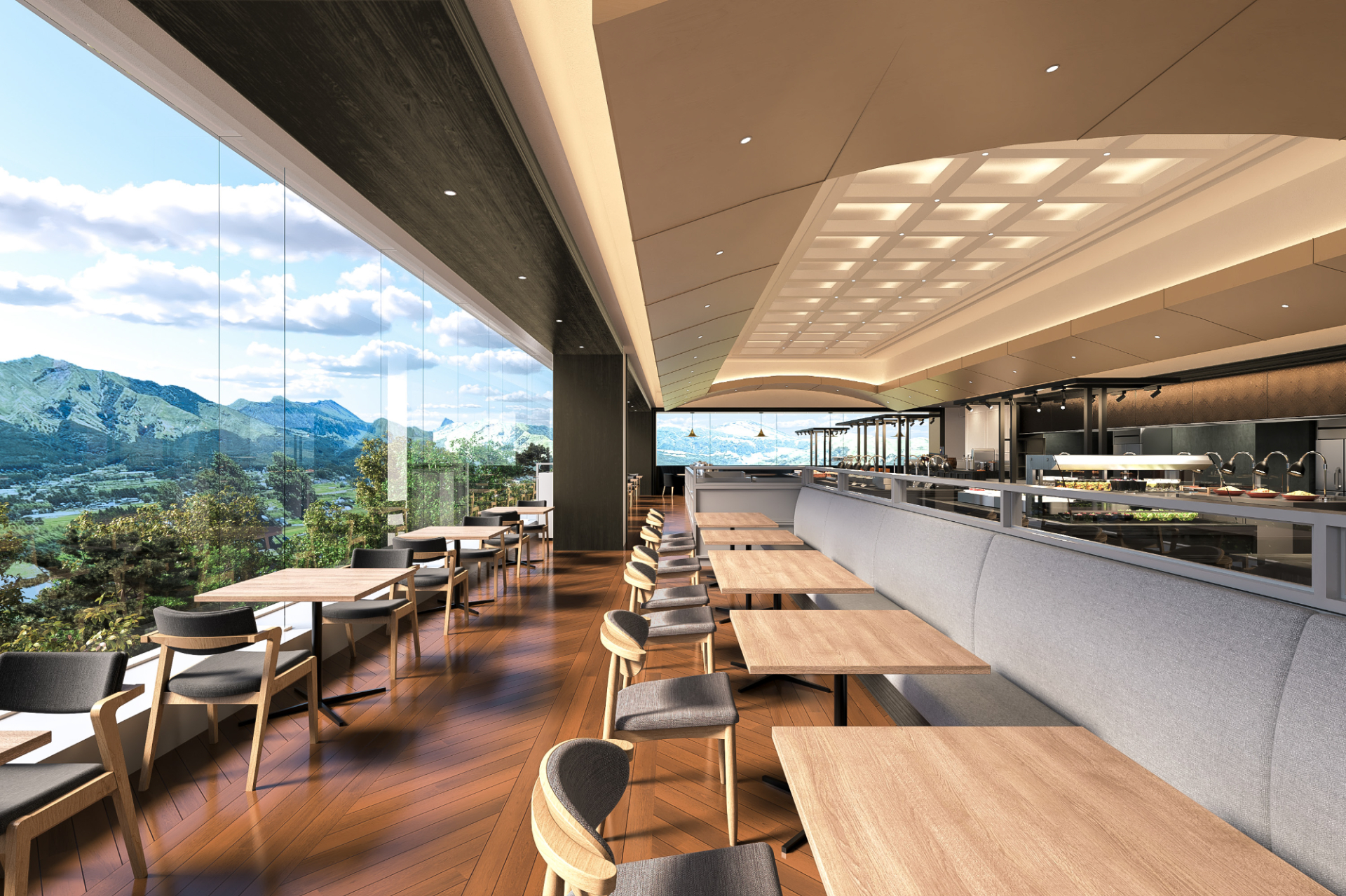 阿蘇の美食を楽しむレストラン。ガラス張りの店内からは阿蘇の山々を望む。あか牛をはじめ、地元の食材を活かした“少量高質”のバイキングを提供するほか、地酒やワインも飲み放題