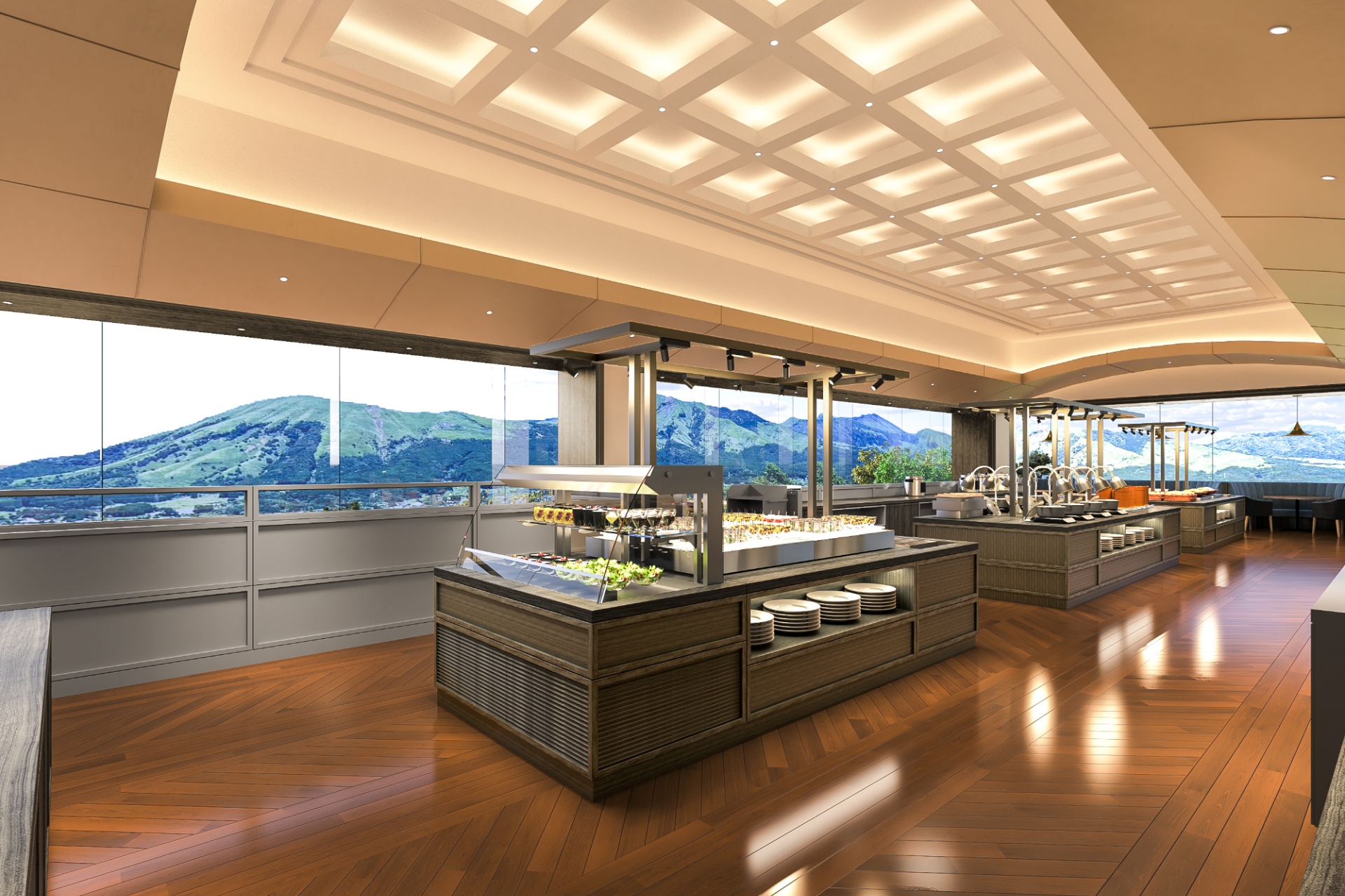 阿蘇の美食を楽しむレストラン。ガラス張りの店内からは阿蘇の山々を望む。あか牛をはじめ、地元の食材を活かした“少量高質”のバイキングを提供するほか、地酒やワインも飲み放題