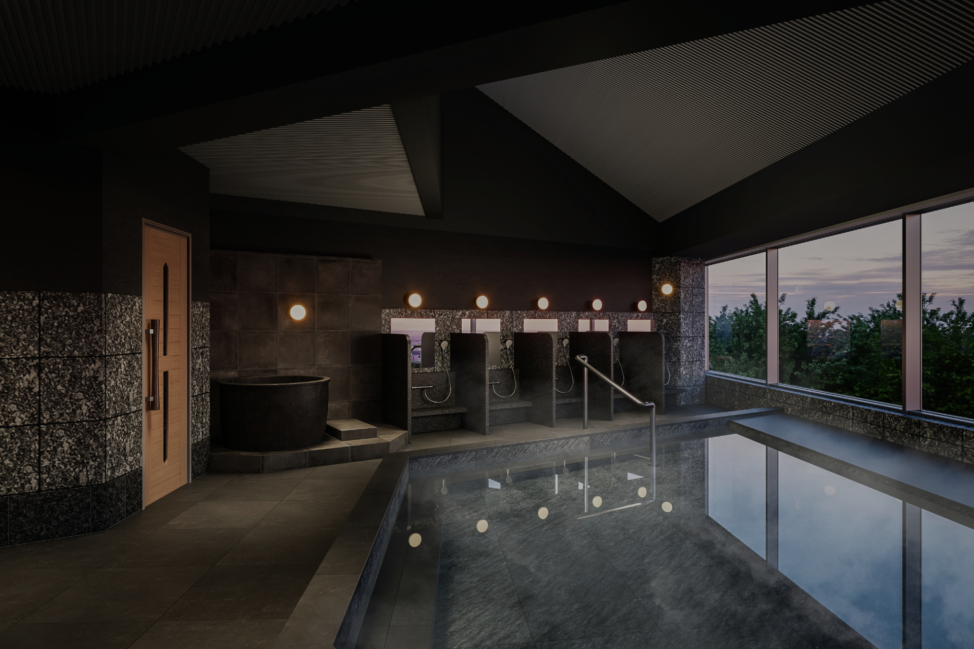 阿蘇五岳を正面に望む大浴場。湯面と景色がつながったような景色を楽しめるインフィニティ露天風呂を備え、ダイソンやReFaのドライヤー・シャワーヘッドも完備する