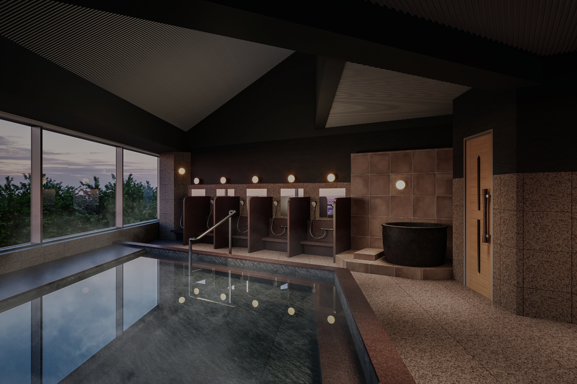 阿蘇五岳を正面に望む大浴場。湯面と景色がつながったような景色を楽しめるインフィニティ露天風呂を備え、ダイソンやReFaのドライヤー・シャワーヘッドも完備する