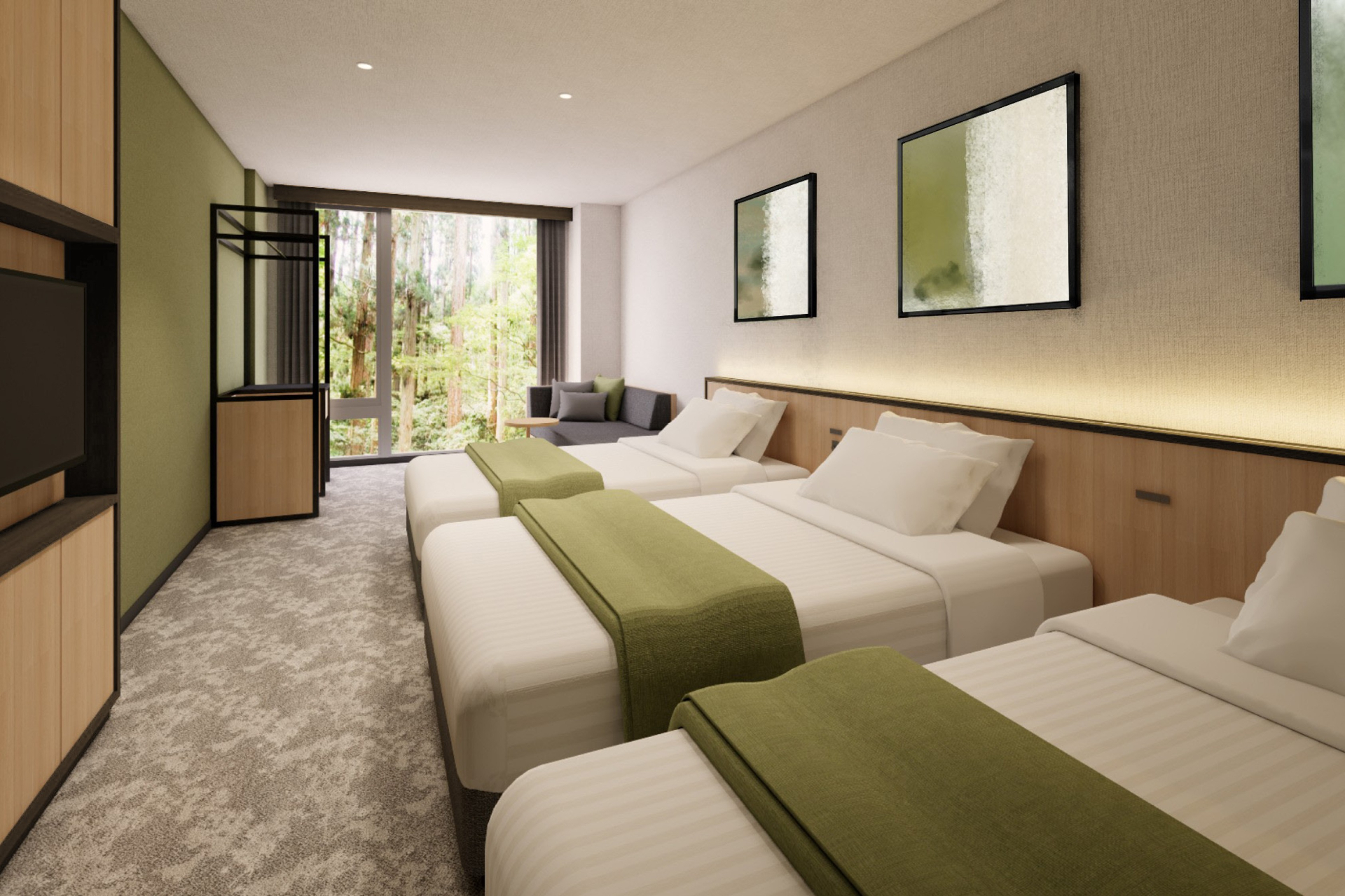 客室タイプは洋室・和室が中心。窓の外に豊かな自然を望む「スタンダードトリプル シャワーのみ」（定員4名）や「スタンダード和室10畳 内風呂あり」（定員4名）など