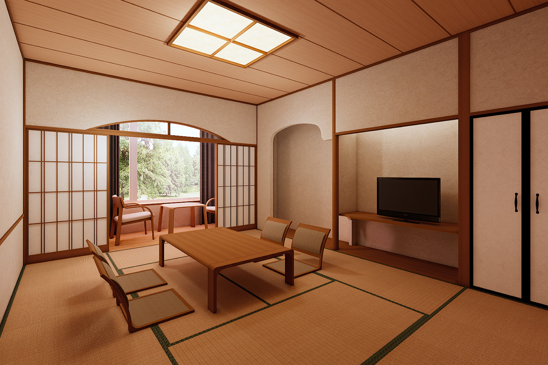 客室タイプは洋室・和室が中心。窓の外に豊かな自然を望む「スタンダードトリプル シャワーのみ」（定員4名）や「スタンダード和室10畳 内風呂あり」（定員4名）など