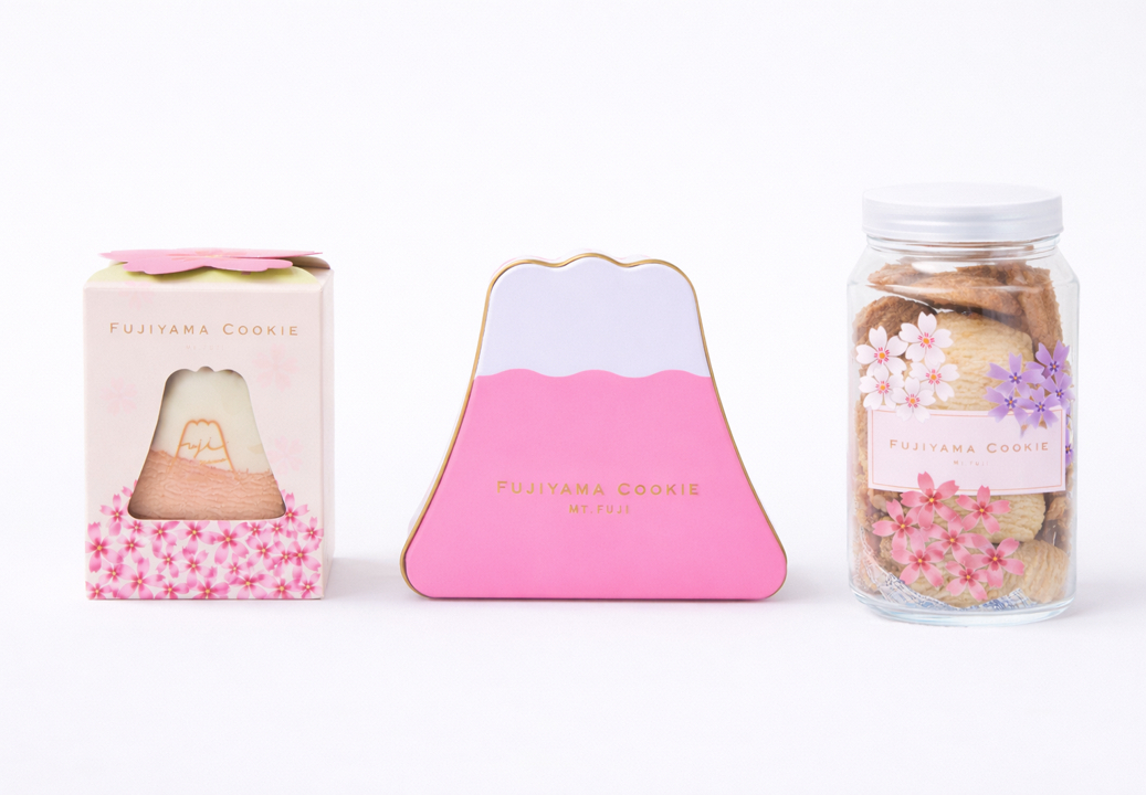 富士芝桜まつり限定パッケージの「フジヤマクッキー」と桜葉あん入り「さくら焼き」