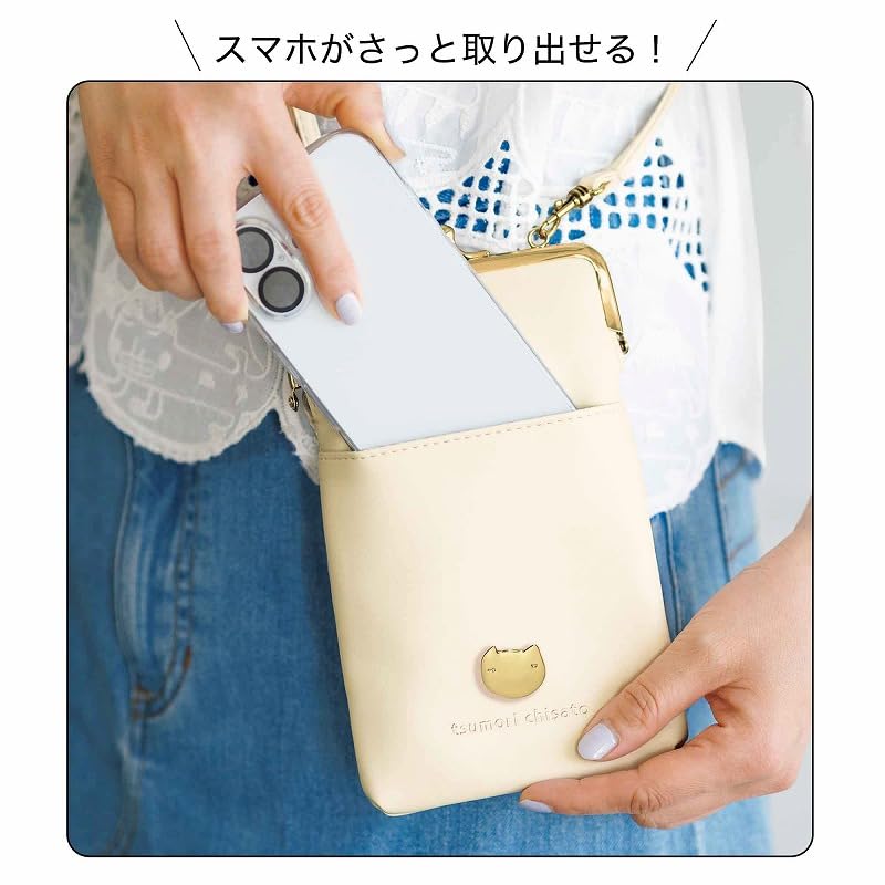 スマホショルダーにも、がま口ポーチにもなる仕様。内装はねこ×花畑の華やかなテキスタイル