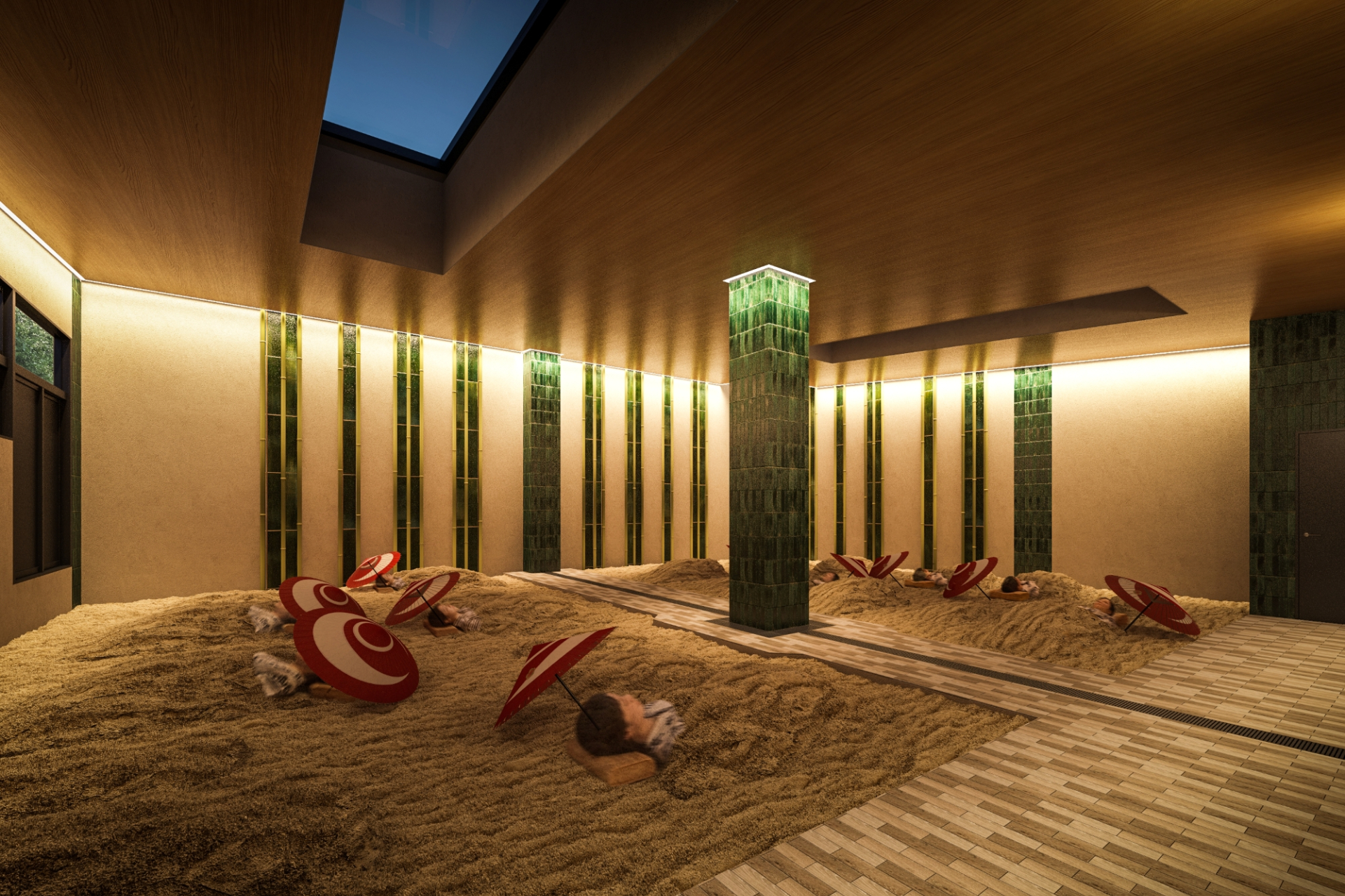 砂むし温泉施設「霧砂」。砂の圧力と温熱効果で大量の汗をかきリフレッシュできる