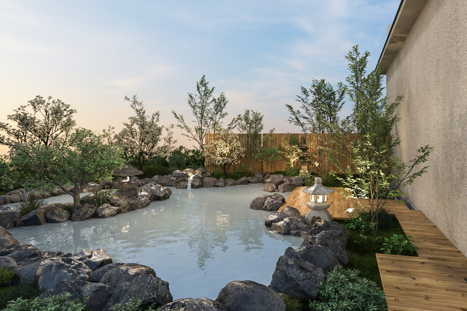 乳白色の岩風呂露天「白紫乃湯」。硫黄成分が日光に反応することで神秘的なミルキーブルーに見える泉質が特徴