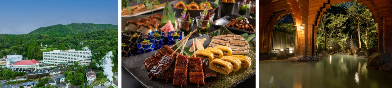 霧島温泉郷の中心に立地する「霧島国際ホテル」。客室は188室、源泉かけ流しの天然温泉は趣の異なる10種類以上のお風呂を擁する