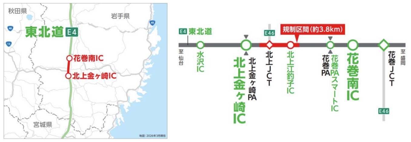 規制区間の北上金ヶ崎IC～花巻南IC 上下線（5月7日～8月5日）