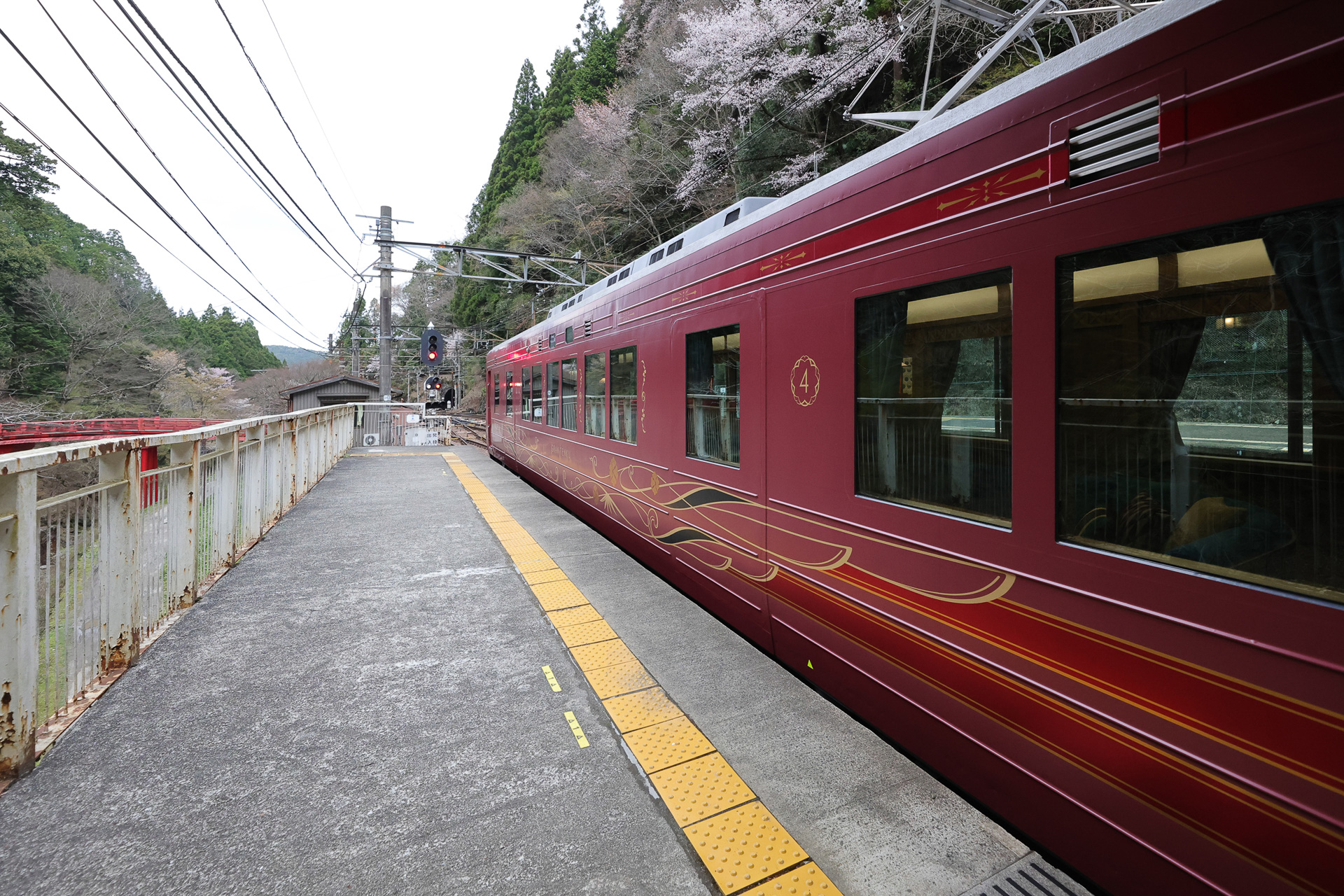 極楽橋駅に停車するGRAN 天空。桜の時期は終わりに近いが、標高の高いここでは満開を過ぎたところだった。