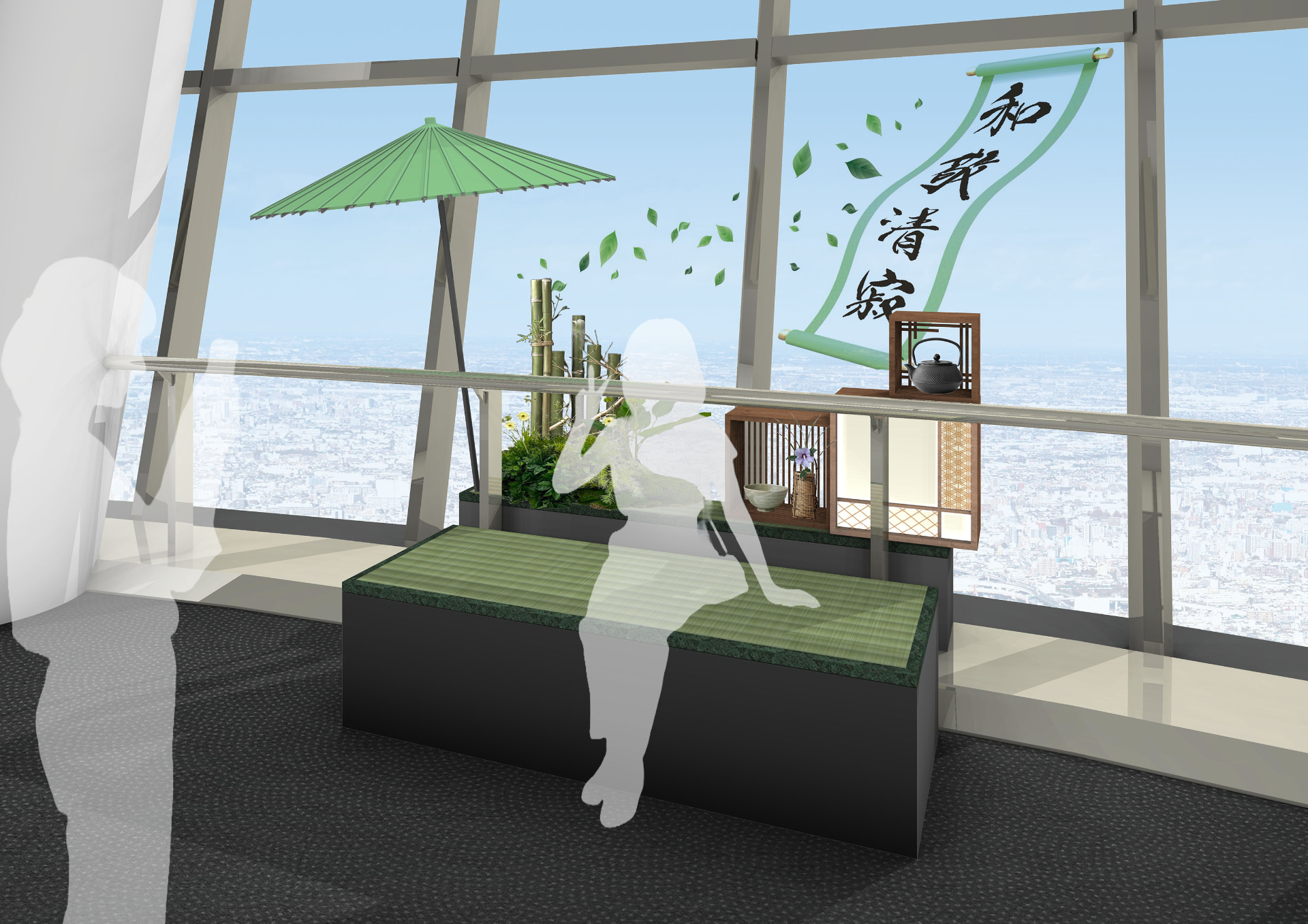 「フロア350」のフォトスポットでは急須から新茶の香りも