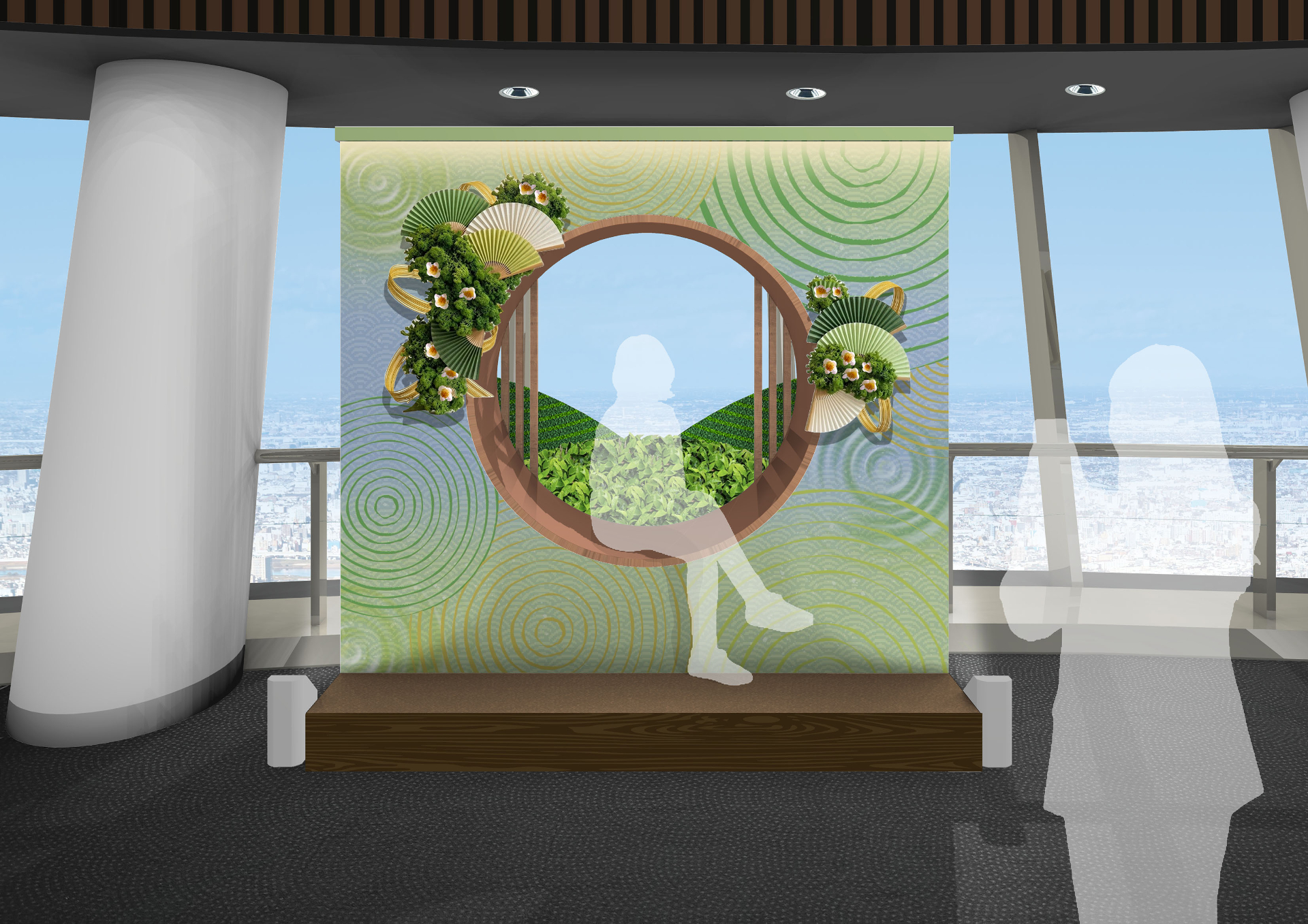 「フロア340」のフォトスポットは景色を切り取る円い窓がモチーフ