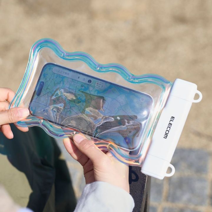 スマホ用防水ケース IP68 ウェーブ フローティング ワンタッチ（オーロラ/ブラック）