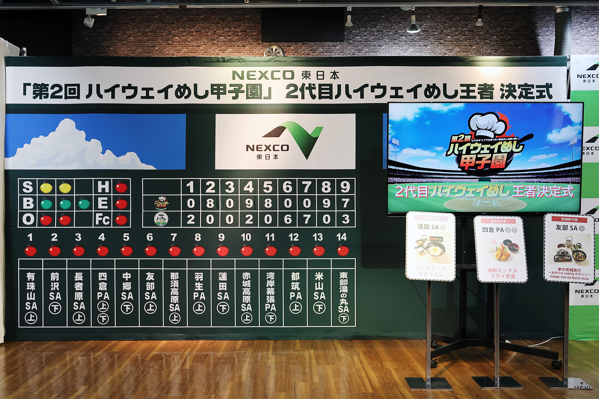 会場のデザインも甲子園風。決勝に進んだ14のSA/PAの名前がスコアボードに並ぶ