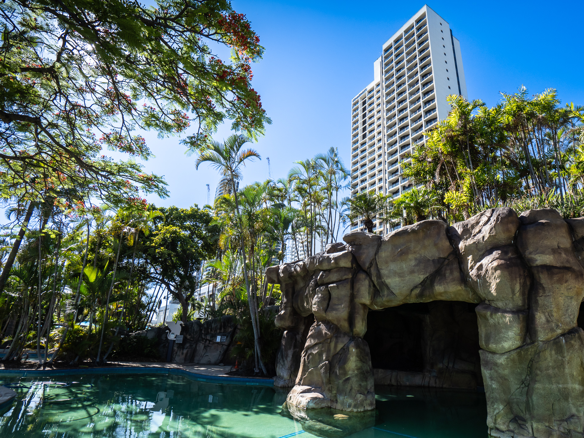 「JWマリオット・ゴールドコースト・リゾート＆スパ」をプールから眺める。魚が泳ぐ海水と淡水の2種のプールやスライダーなども楽しめる