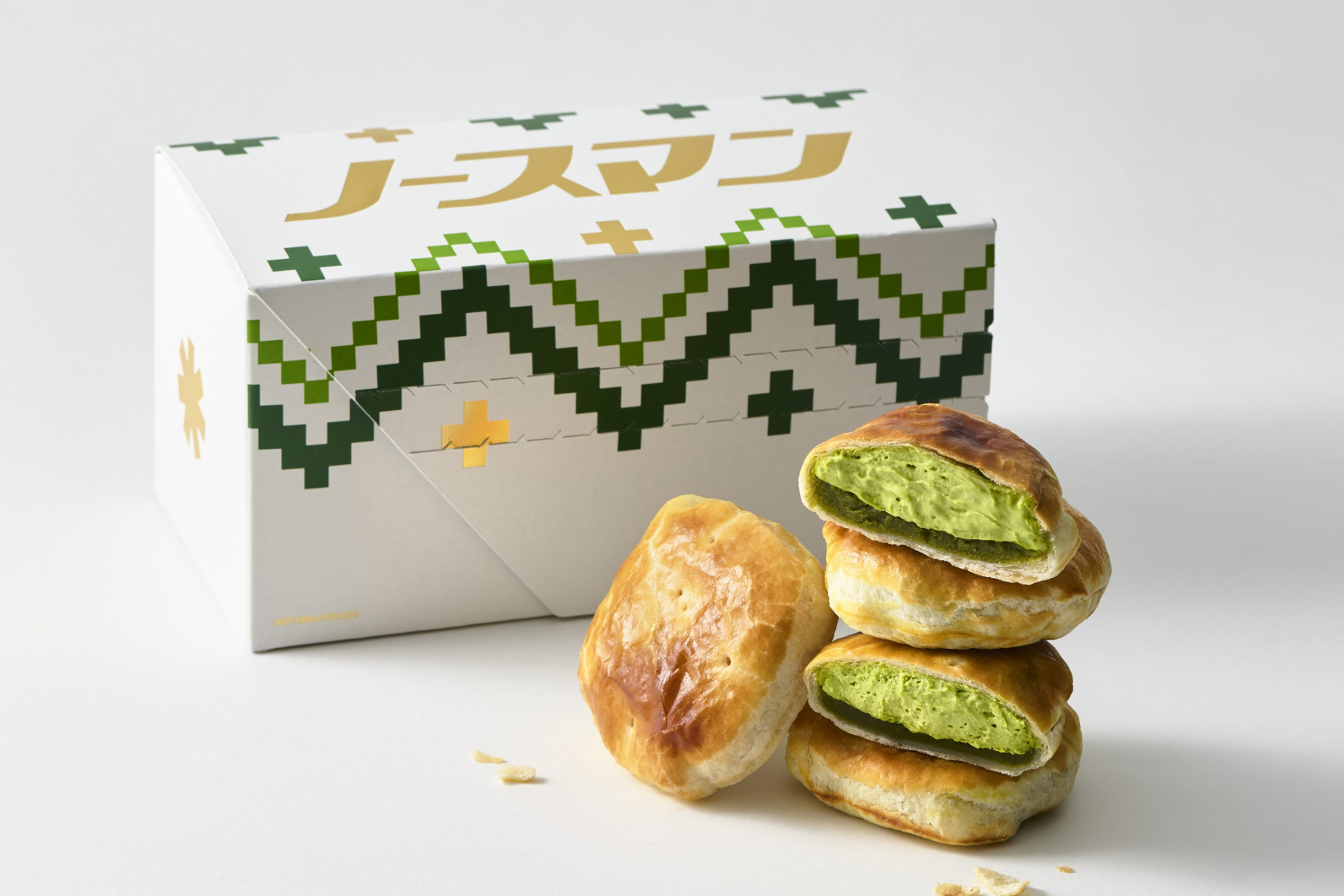 抹茶あんと抹茶生クリームの新商品「生ノースマン 抹茶」（4個入1580円）、冷凍販売、要冷蔵で消費期限3日間