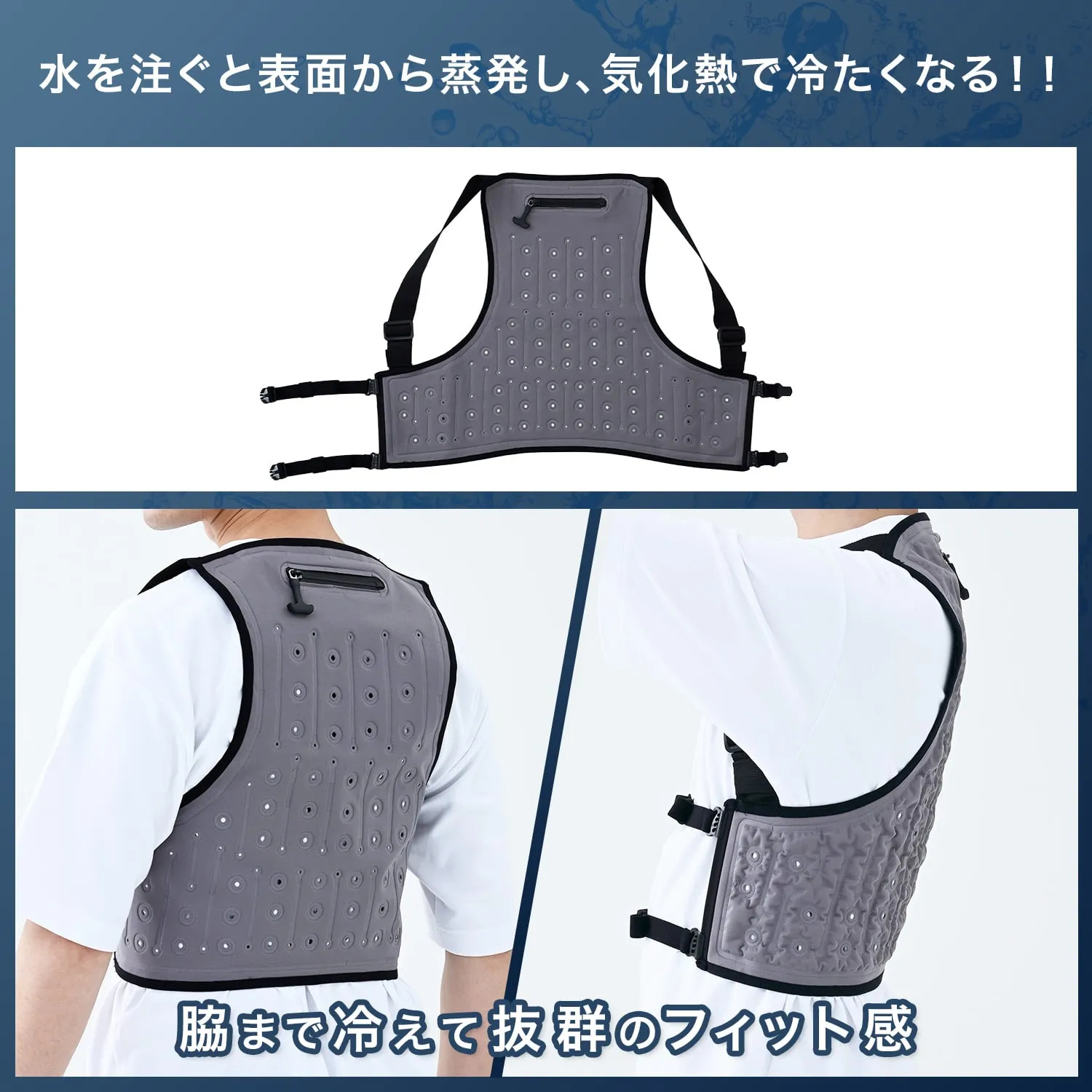 3月末に発売した気化熱冷却ベスト「Mizu fit（みずフィット）」。バッテリー不要、水を入れるだけで手軽に身体を冷やせる