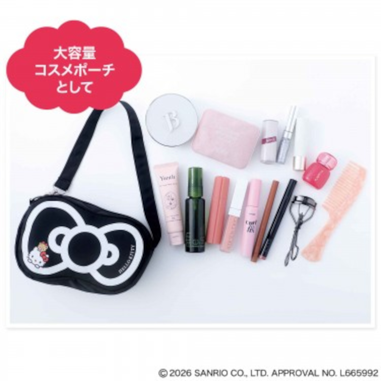 ハローキティのリボン型ミニバッグ。スマホ、イヤホン、持ち歩きコスメなどをまとめて収納できるサイズ感