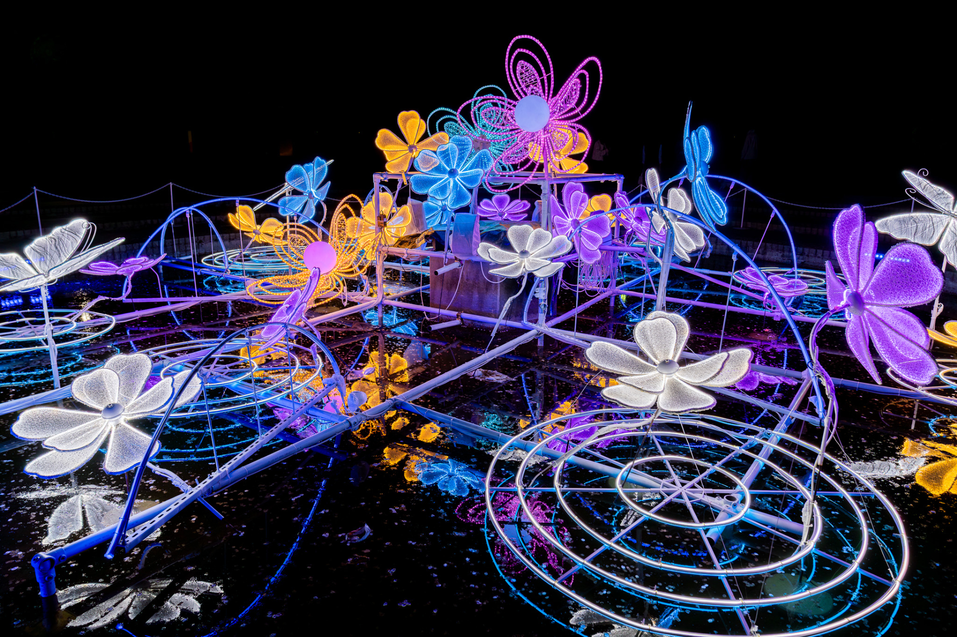 噴水広場では、花や蝶たちが織りなす約5分間の「光のショー」を繰り返し実施