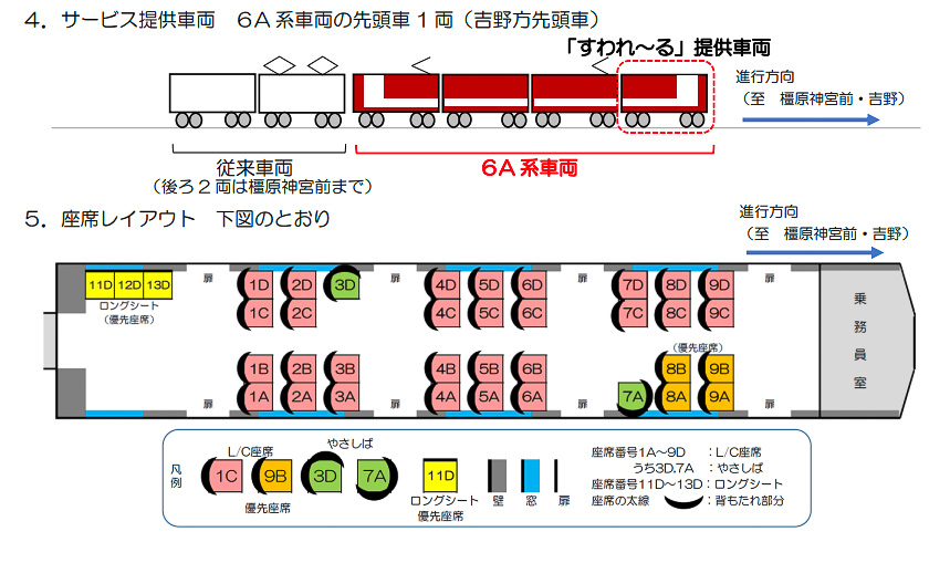 近鉄初の有料座席指定サービス「すわれ～る」の座席レイアウト