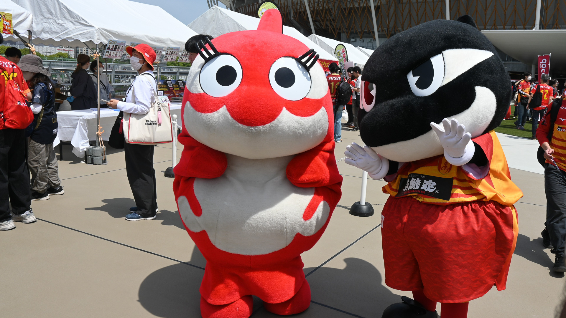 マスコットキャラクター「グランパスくん」「グランパコちゃん」。このあとグランパスくんは山崎川に落ちた