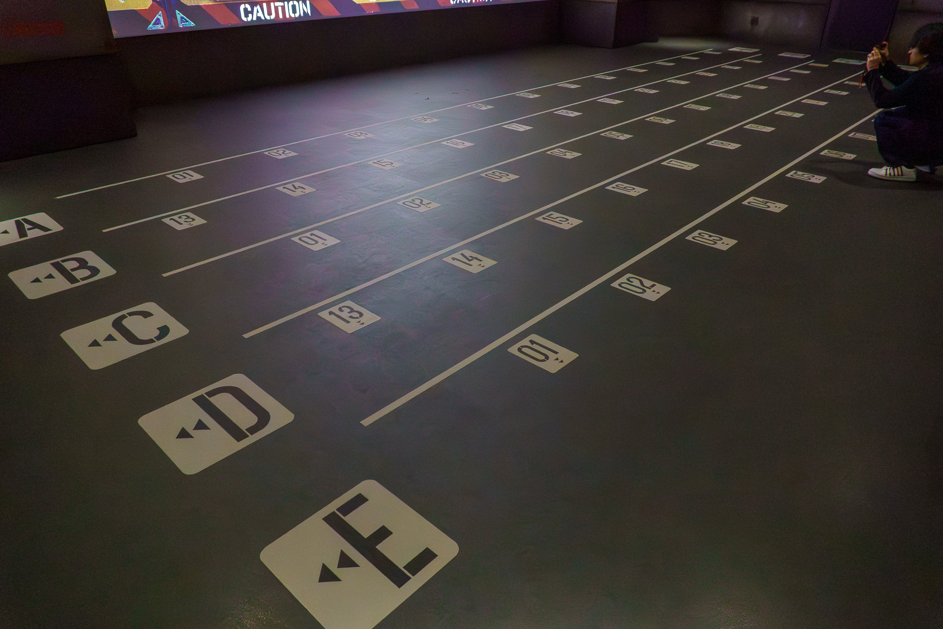 座席はプレショー前の「グルーピングルーム」で決定。AB/CD/Eでフロアが分かれている。AB/CDの場合、1または24に近い番号だとスクリーン中央の位置で楽しめる（12に近い番号が端側になる）