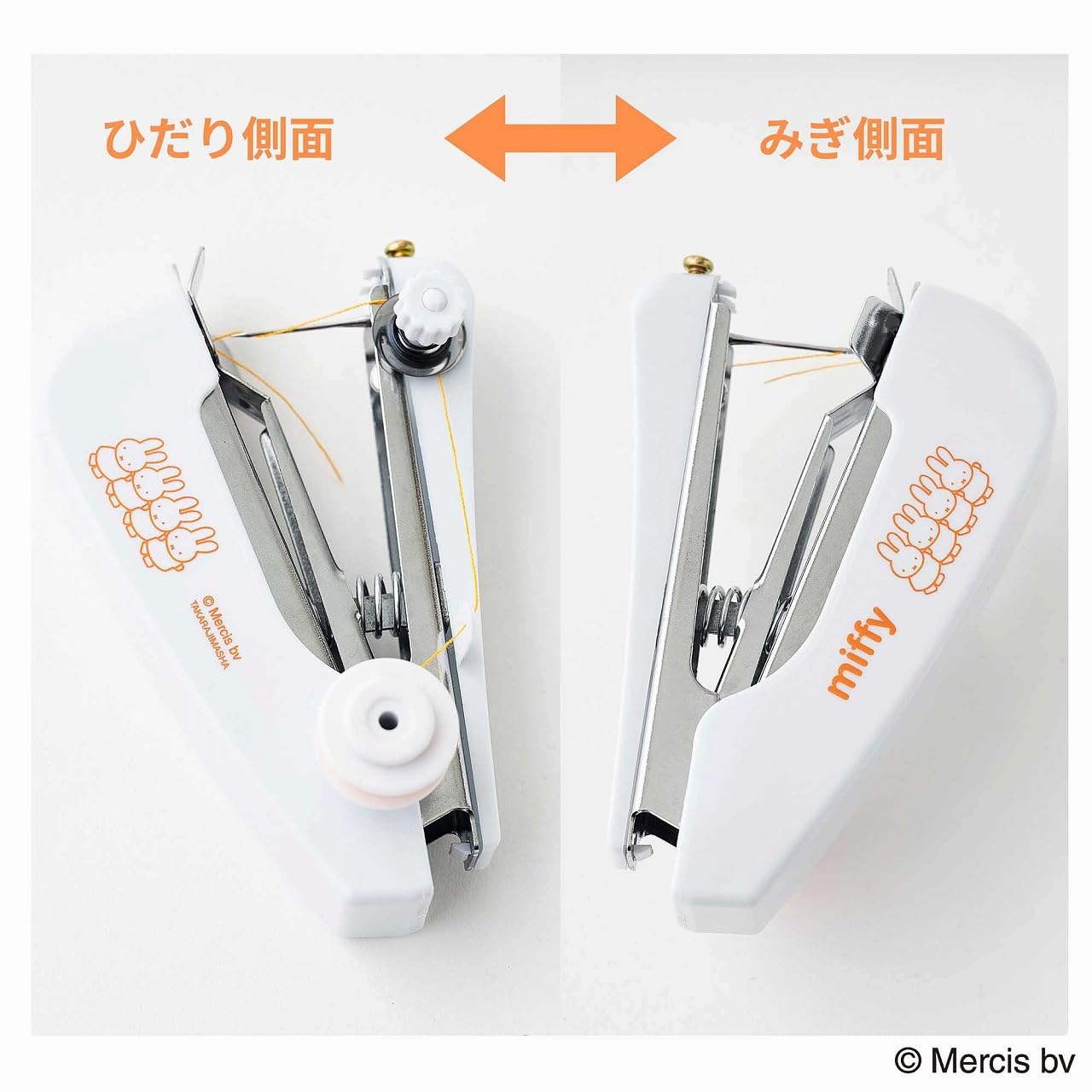 サイズ（幅×奥行×高さ）は、ハンディミシンが約4×10.5×7cm、缶ケースが約15.4×9.4×4.5cm。糸、糸切りはさみ、糸とおしも付属